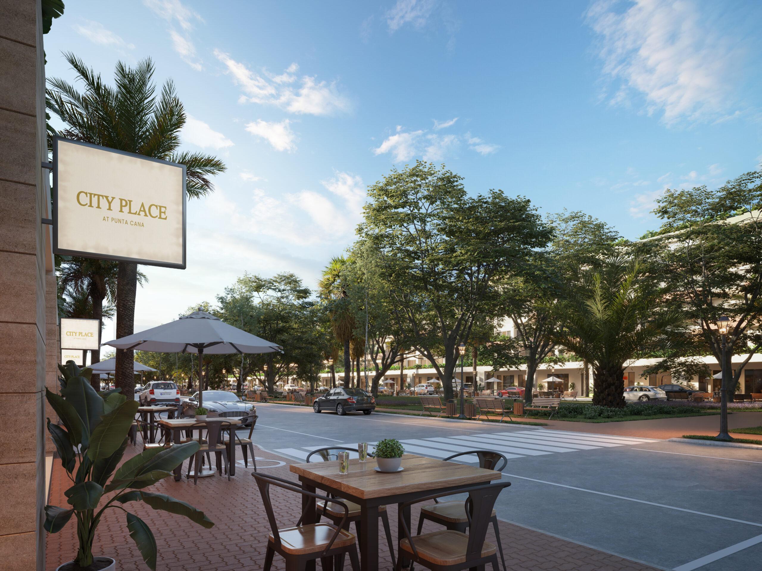 Hermosa vista del área comercial con el parque de City Place Punta Cana